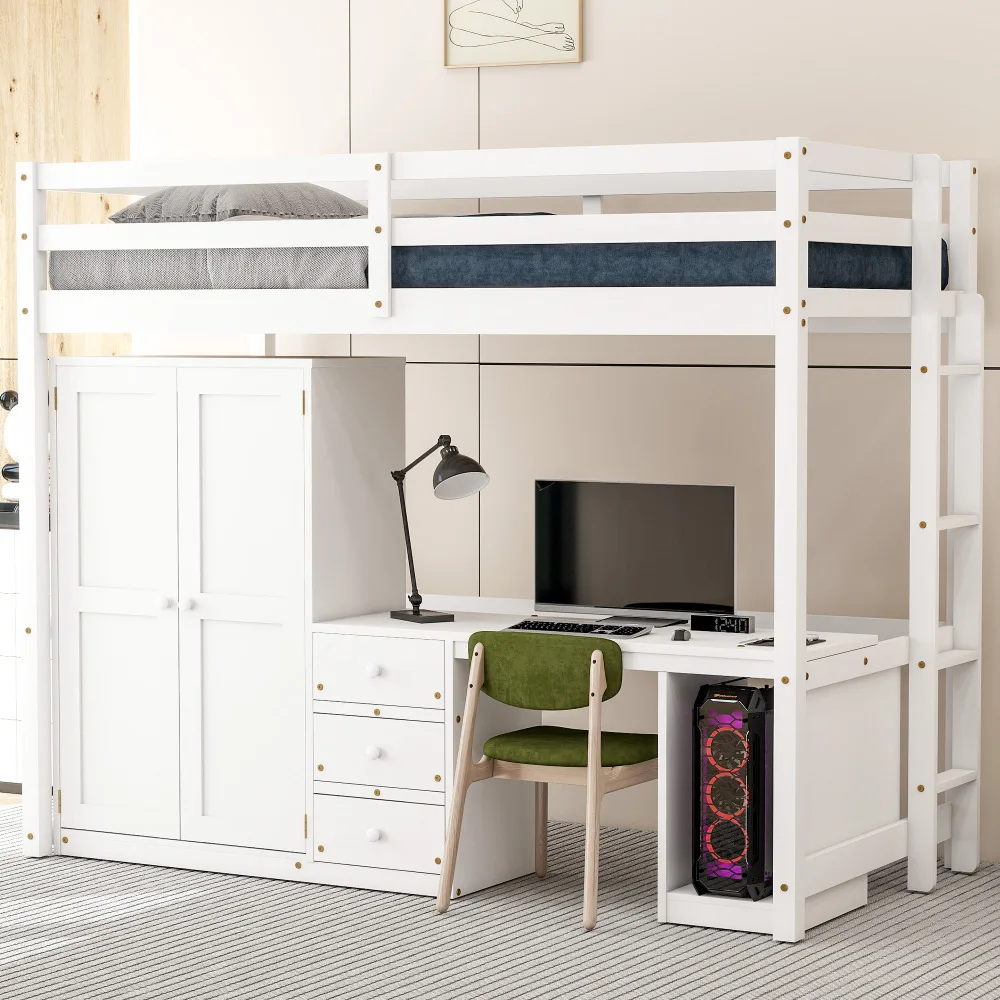 4-in-1 Full Size Loft Bed with 2 Large Drawers Wardrobe, Desk and Storage Drawers,Modern Style Daybed,Children Bed Boys Bed Gray 4