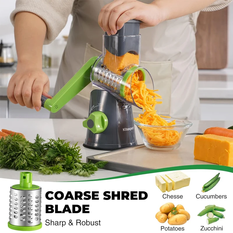Vegetable Cutter Cheese Shredder 3 Sharp Drums Multifunctional Garlic Potato Shredder Handheld with Strong Suction Kitchen Tool