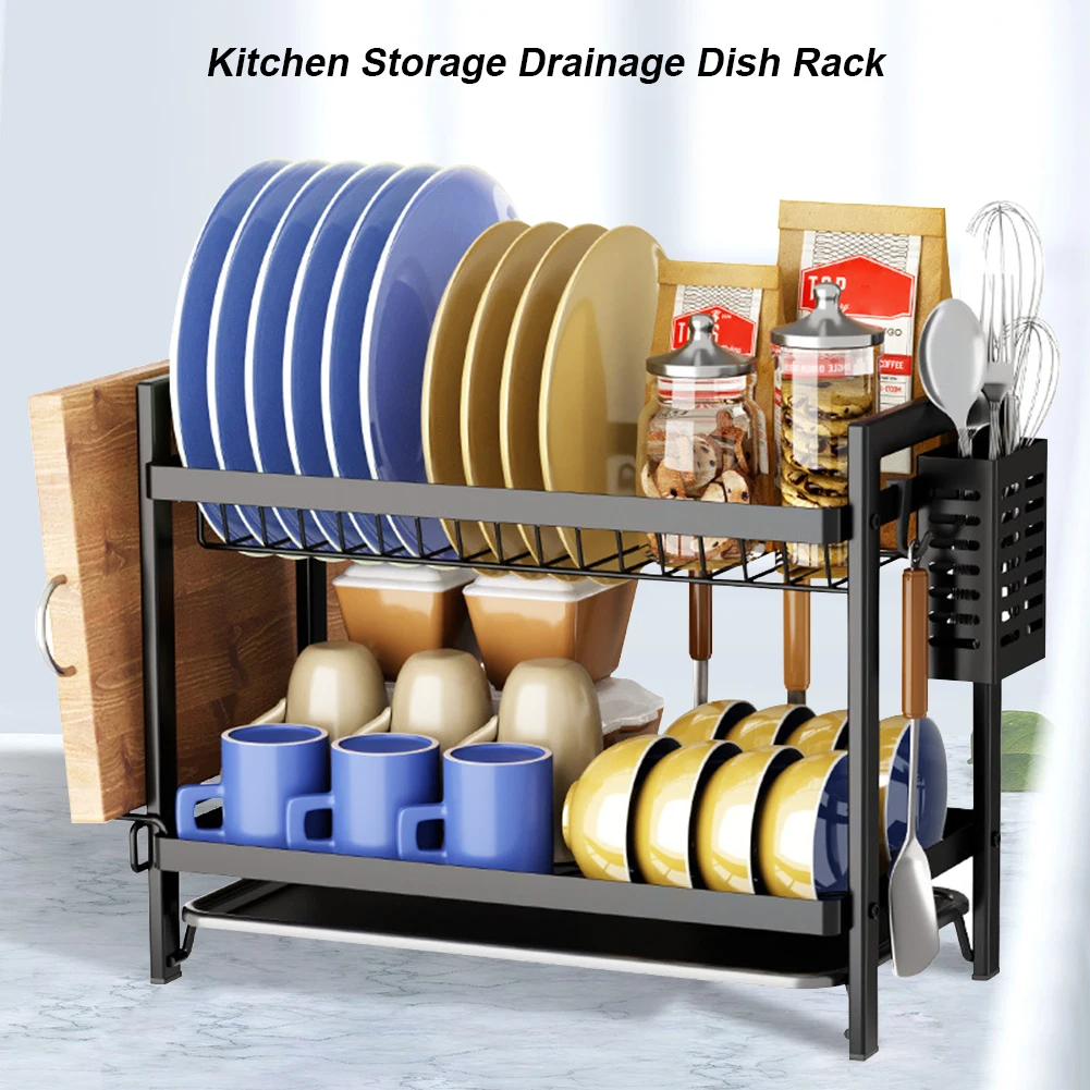 Dropship Over The Sink Dish Drying Rack, 2 Tiers Stainless Steel Dish Racks  For Kitchen Counter, Large Dish Drainer With Utensil Holder, Cutting Board  Holder, Kitchen Drying Rack-Black to Sell Online at