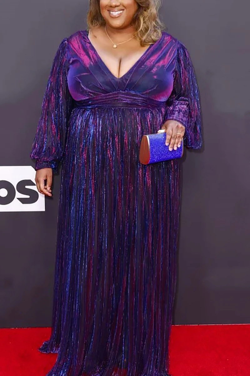 Plus Size Formal Reflective Pleated V Neck Long Sleeves Maxi Dress plus-size-formal-reflective-pleated-v-neck-long-sleeves-maxi-dress