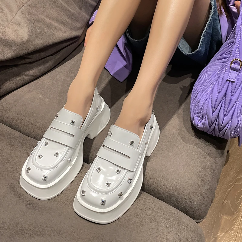 

Spring Women's Leather British Style Casual Shoes Rhinestone Diamond Loafer Shoes Thick-Soled Slip-On Shallow Shoes Female Pumps