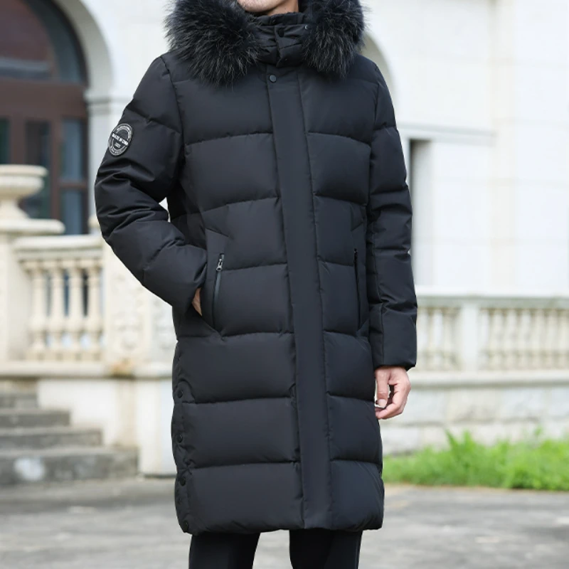 Winter Fur Collar Down Jacket Men's Luxury Business Thickened Warm White Duck Down Coat Men Casual Long Cold-proof Hooded Parka