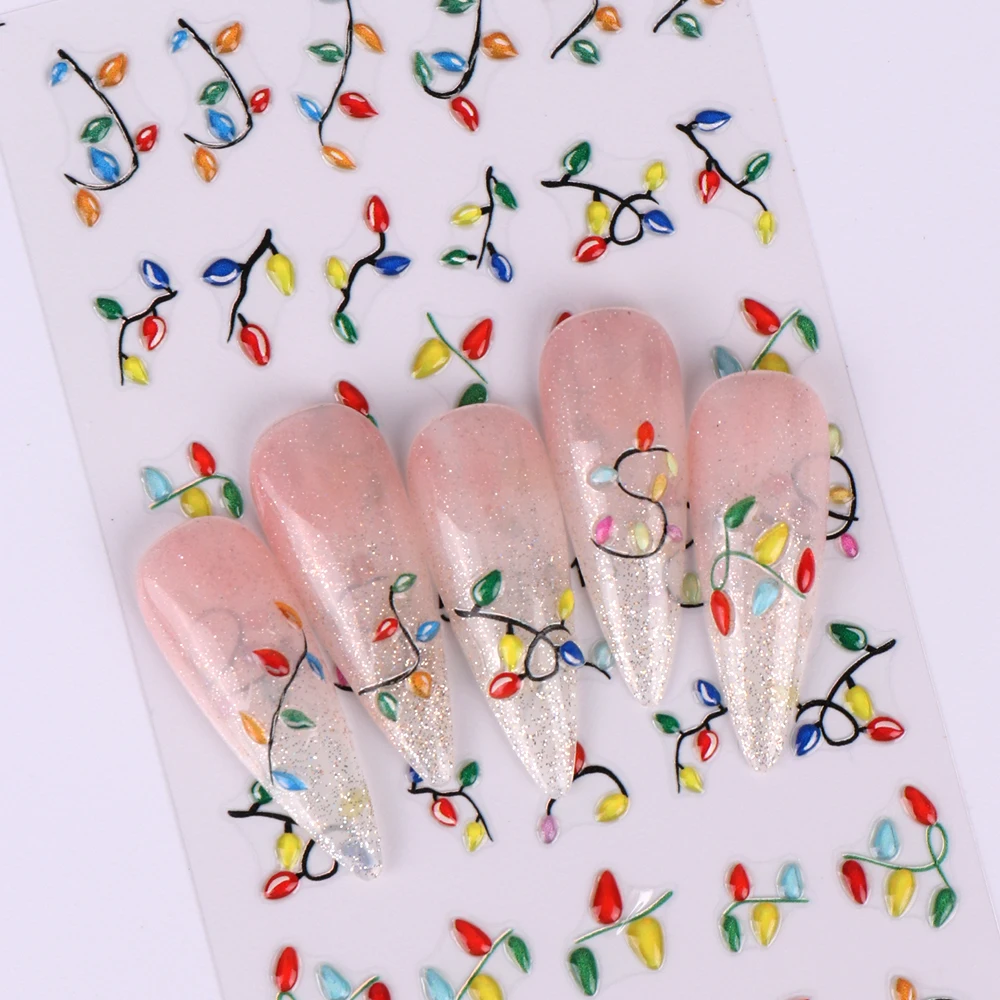 2pcs Christmas Nails Art Stickers 5D Embossed Colorful Lights Nails Decals Slider Festivals Manicure Decorations Nail Supplies