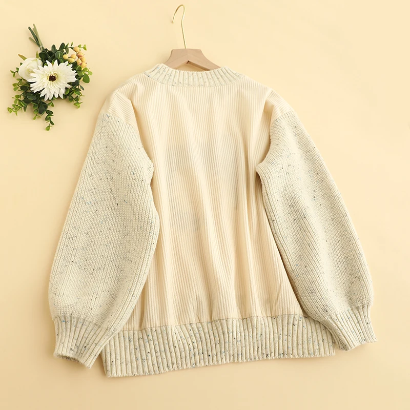 Autumn New Sweet Knitting Patchwork Corduroy Hoodies Top Women Long Sleeve Embroidered Tops D220 5