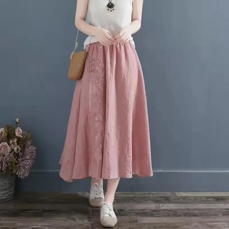 Temperament Retro Embroidered Women's A-line Skirt Mid Length Summer High Waist Fashion Loose Cotton Linen Solid Color Skirt