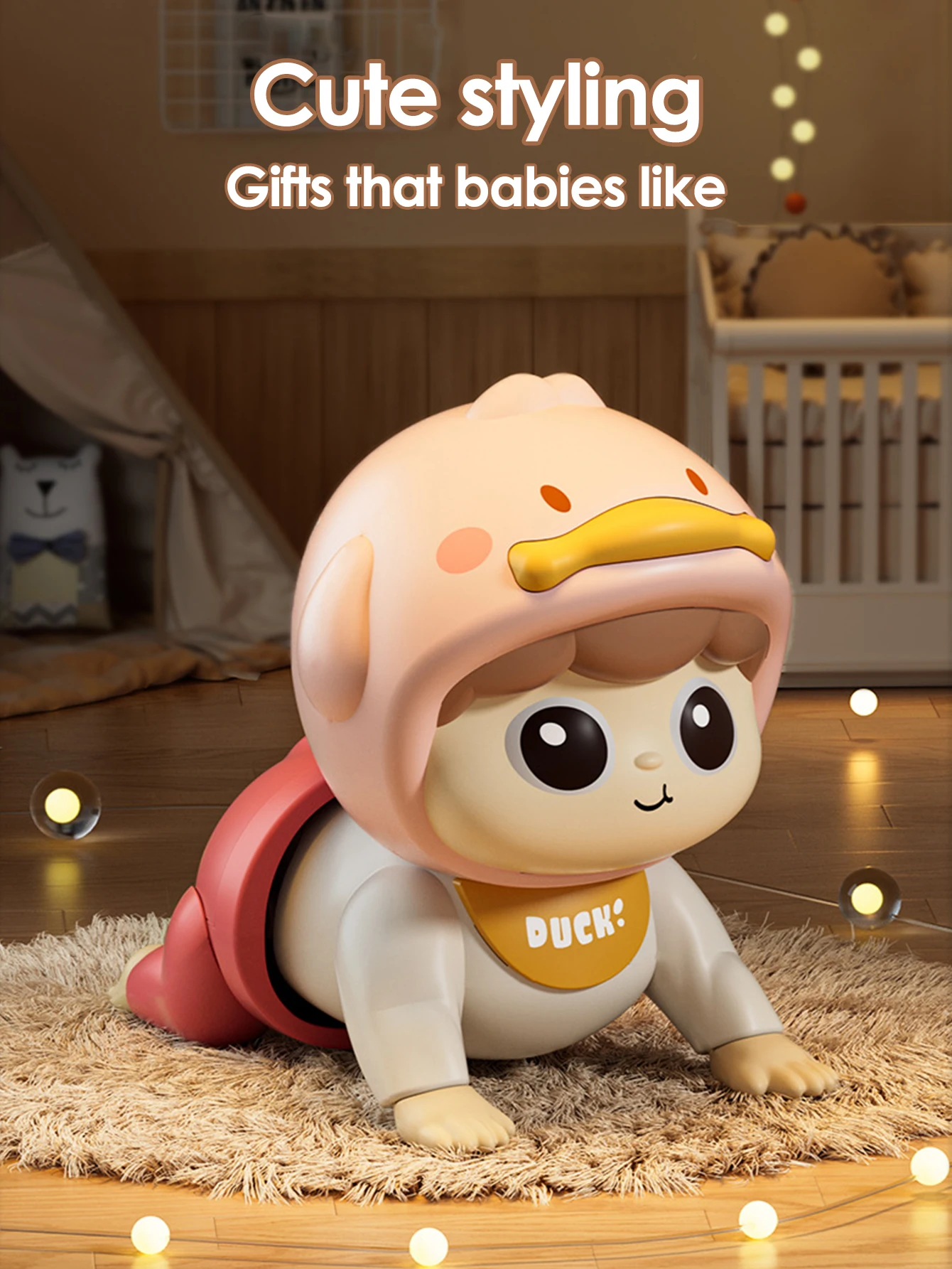 들이 기어다니는 데 도움이 되는 재미있는 장난감, 음악이 나오는 기어다니는 인형, 0-1세, 기어다니기 학습 및 머리 올리기 훈련