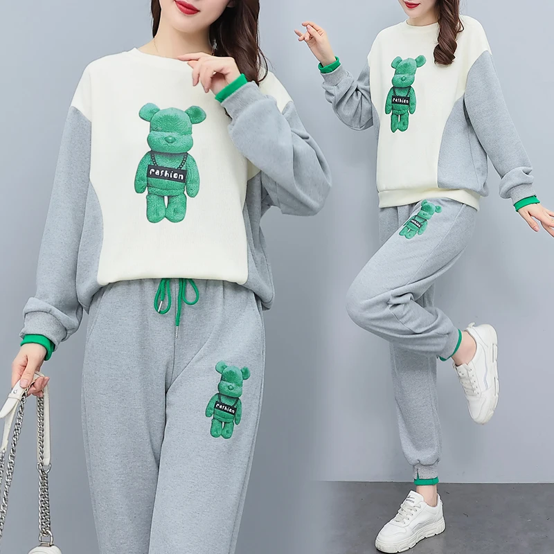 

Cartton Print Sweatsuit Knit Set Women Autumn Clothing Korean Loose Sweatshirt and Pencil Pants Two Piece Set Patchwork