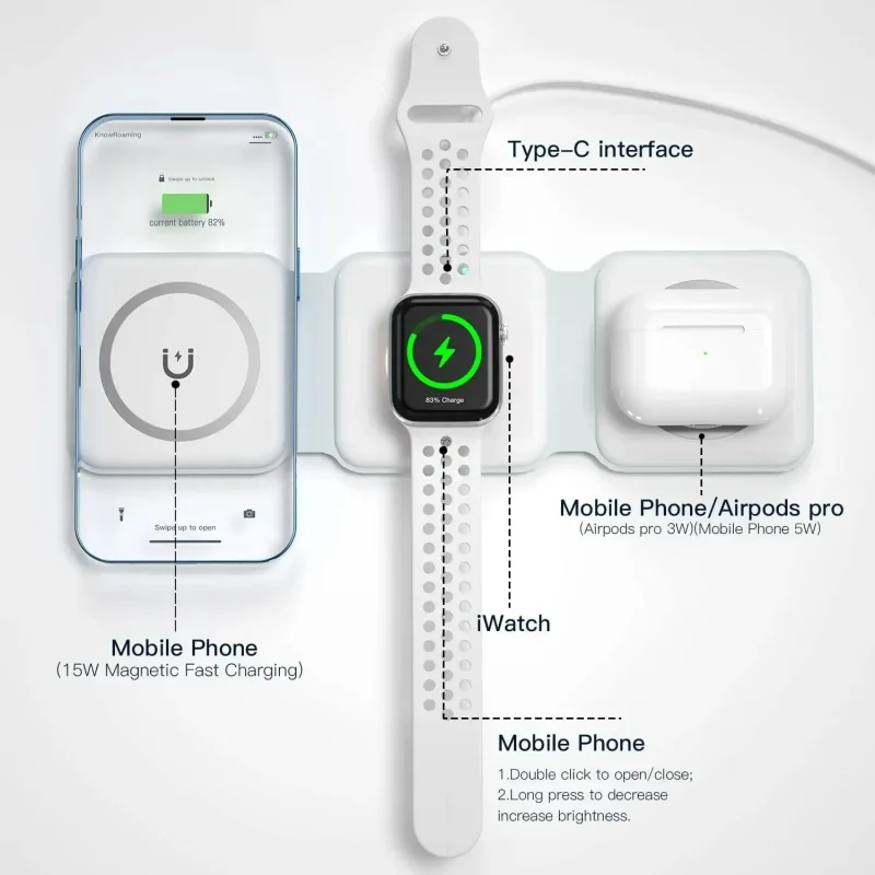 3 in 1 Magnetic Portable Wireless Charger Pad For iPhone 15 14 13 12 Pro Max Apple Watch AirPods Fast Charging Dock Station