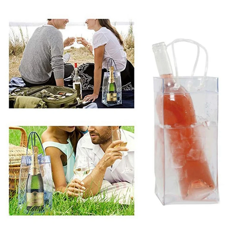 Pack Of 10 Wine Cooler Bag Transparent PVC Bag Portable Wine Bottle Cooler Champagne Ice With Handle