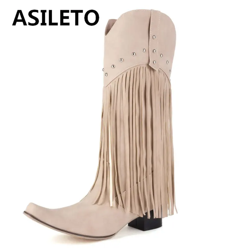 

ASILETO Women Western Boots Square Toe Chunky Heels 4.5cm Tassels Rivets Plus Size 48 49 50 Female Leisure Knee High Booties