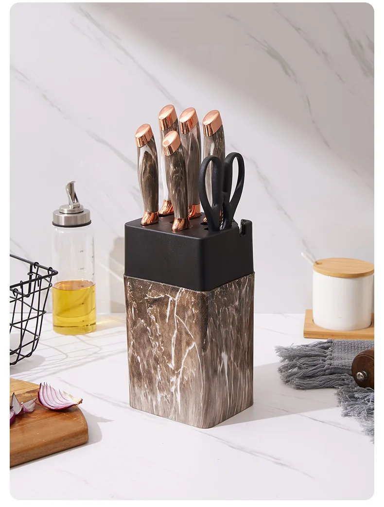 7pcs Kitchen Knife Sets Stainless Steel Chef Knife Bread Knife Marble Textured Handle Sets Tool Holder with Grinding Stone