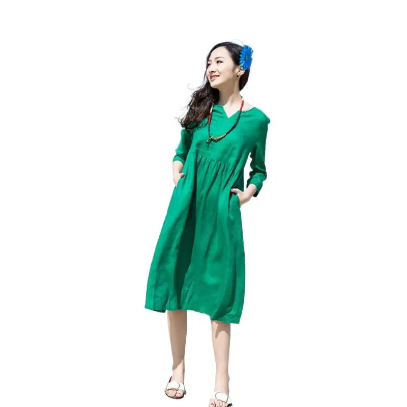 

2022 Women Summer Vestido Thin Cotton And Linen Three Quarter Sleeves Dress V-neck High Quality Solid 4Color Beach Dress -