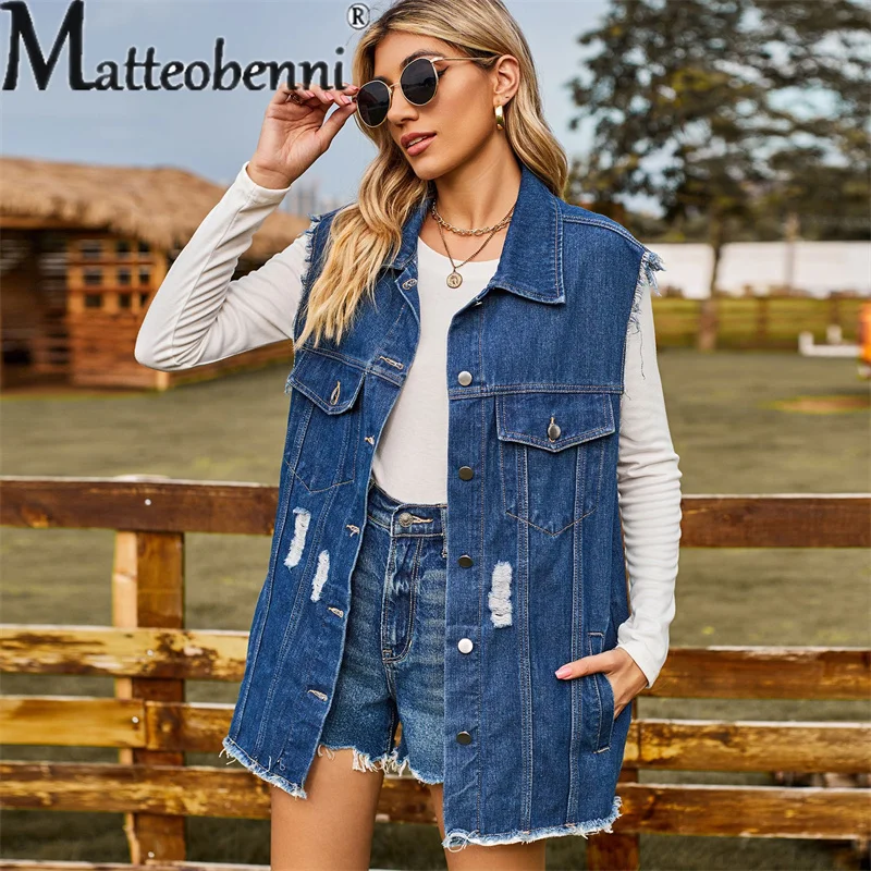 Fashion Broken Holes Shawl Denim Vest Women Single-breasted Splicing Sleeveless Jackets Female Casual Outerwear Trend Streetwear