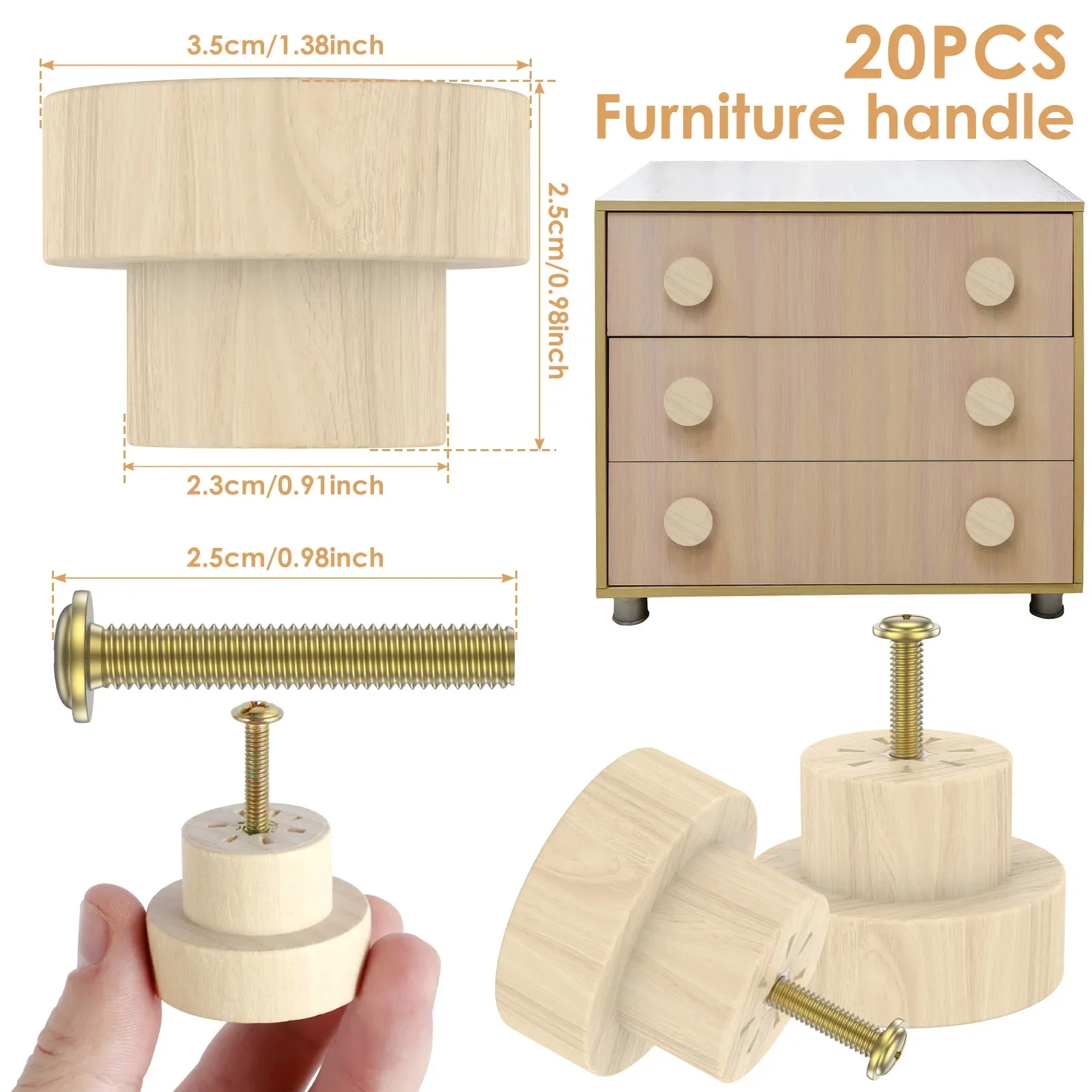 20Pcs Wooden Drawer Knobs Set with Screws Flat Top Wooden Dresser Knobs Unfinished Drawer Pull Handle Round Wood furniture knobs