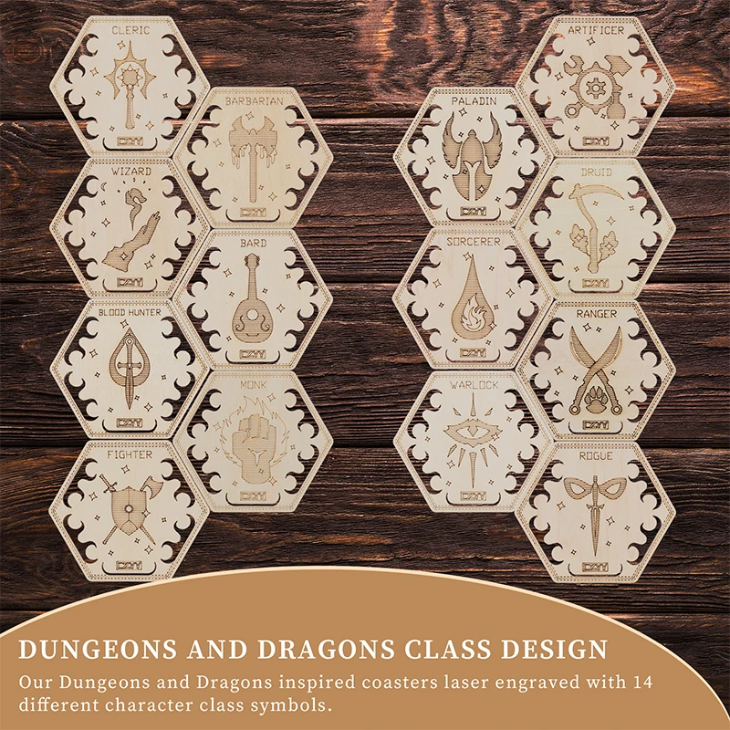 Class Coasters Set of 14 with Holder Hexagon Gaming Mug Mats Wooden Laser Engraved DND Classes Icons Gift 2