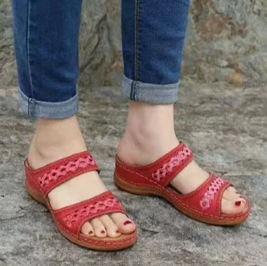 Women Casual Sandals Comfortable Soft Slippers Embroider   Flower Colorful Ethnic Flat Platform Open Toe Outdoor Beach Shoes A red