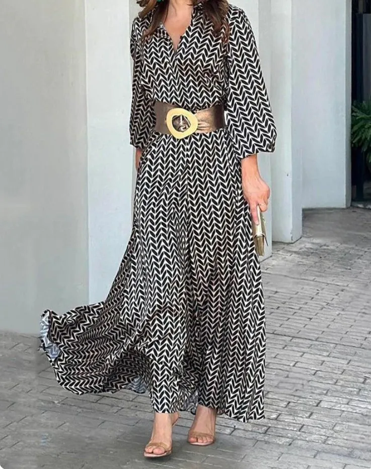 Maxi Dress New Spring Summer Shirt Casual Print Long Sleeve Commuter Dresses Fashion High Street Bohemian Dress V-Neck Robe