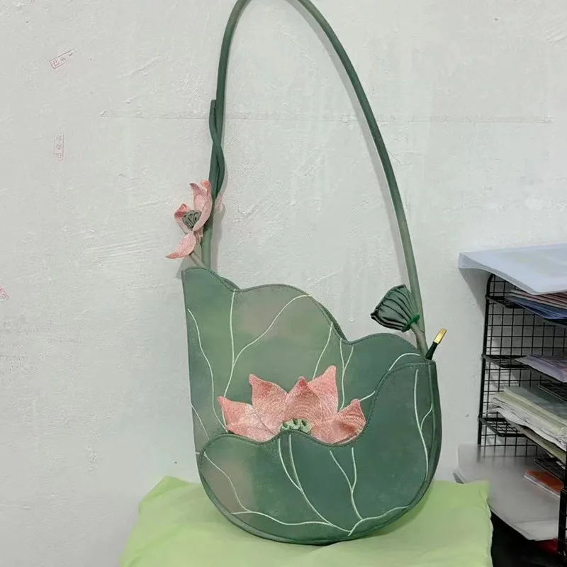 JIAERDI Chinese Style Embroidery Green Messenger Bag Wallet Women Harajuku Lotus Shoulder Bags Ladies Ancient Hanfu Handbag Chic