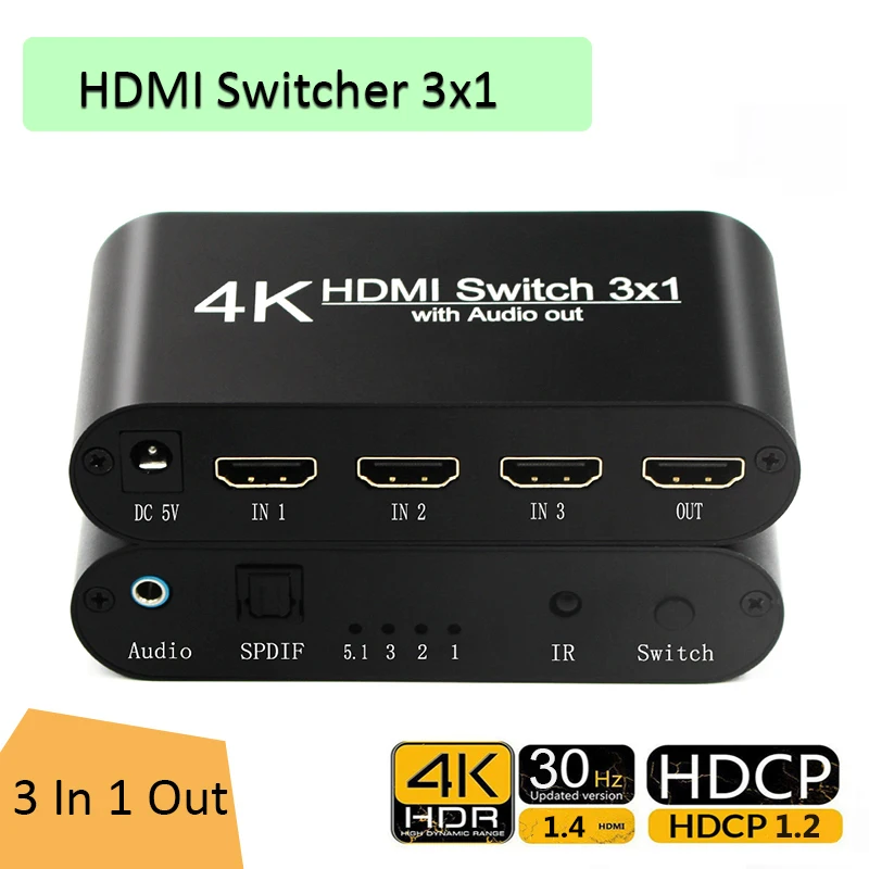 HDMI Switch 4K HDMI Switcher 3x1 3 to 1 1080P HDMI TO Audio Extractor with Remote Audio SPDIF Out for TV PC Projector Camera