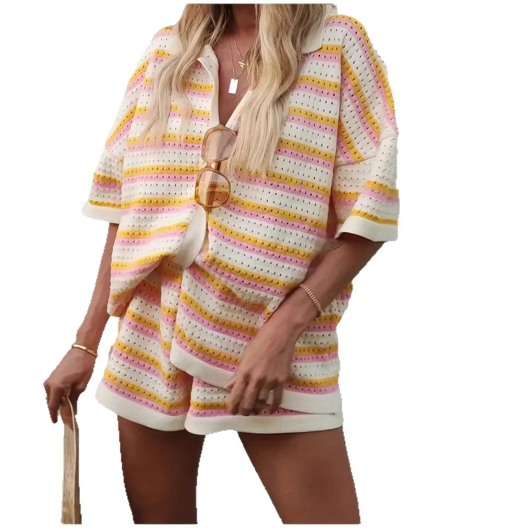 Women's Summer New Loose Collared Hollow Fashion Striped Single Breasted T-shirt Shorts Set Vacation Two-piece Set 5