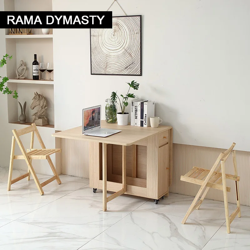 Extendable Drop Leaf Folding Dining Table 2 Drawers 4 Wheels Living Room Kitchen Farmhouse Space Saving Table