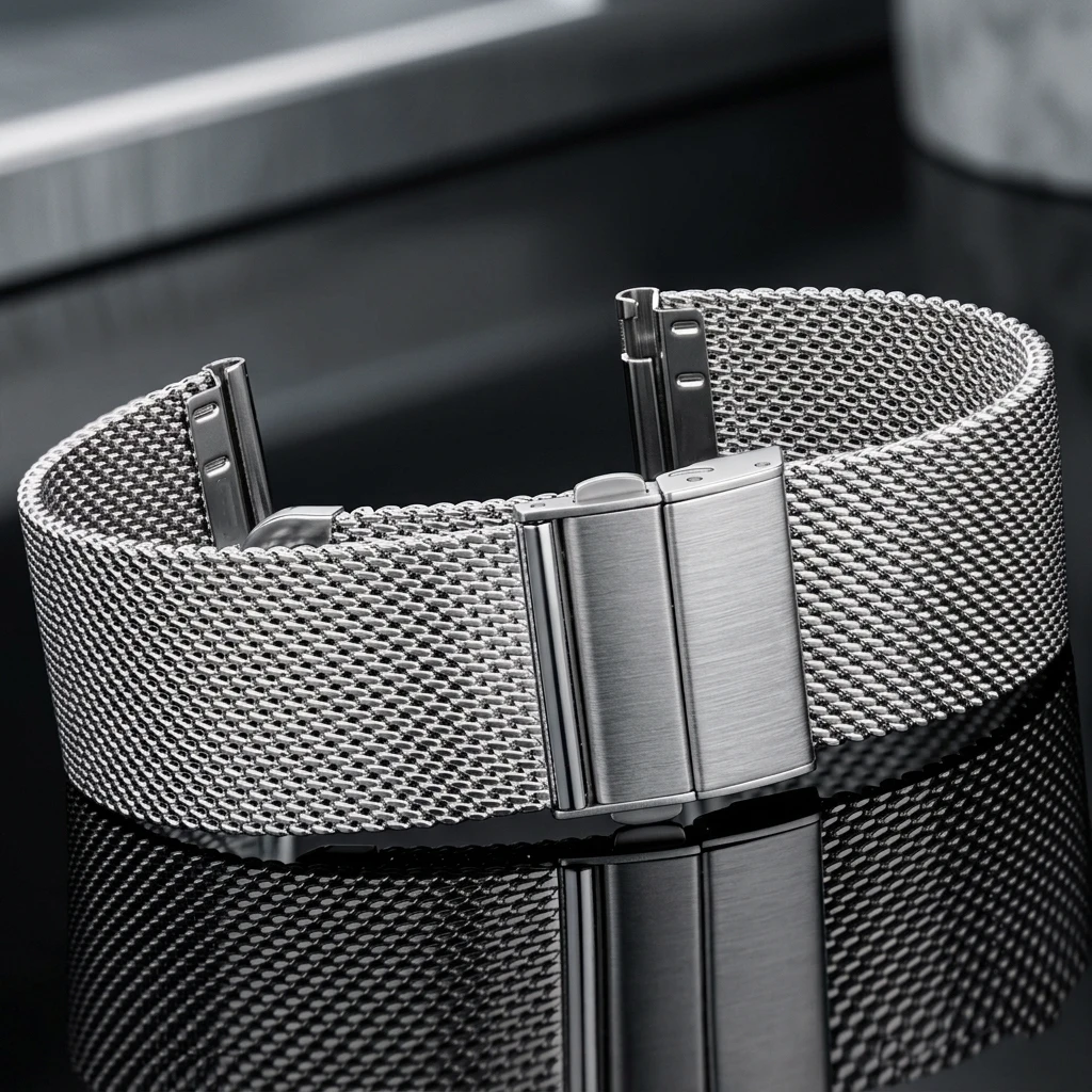 Elegant Stainless Steel Mesh Milanese Loop Bracelet Watchband – Silver Black with Deployment Clasp