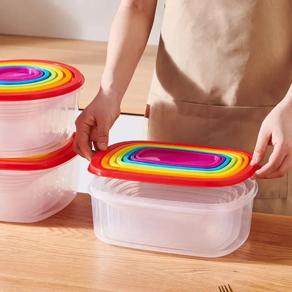 7Pcs Rectangular Food Storage Bowl Plastic with Lids Freshing Box Rainbow Food Preservation Food Sealed Box Refrigerator Storage