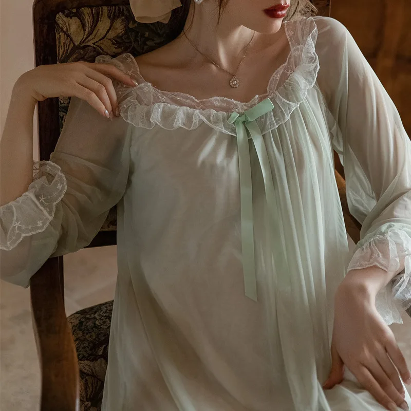 Lace Nightdress Women Mesh Long Sleeve Loose Nightgown Fairy Vintage Home Dressing Gown Night Sexy Sleepwear Nightwear Plus Size
