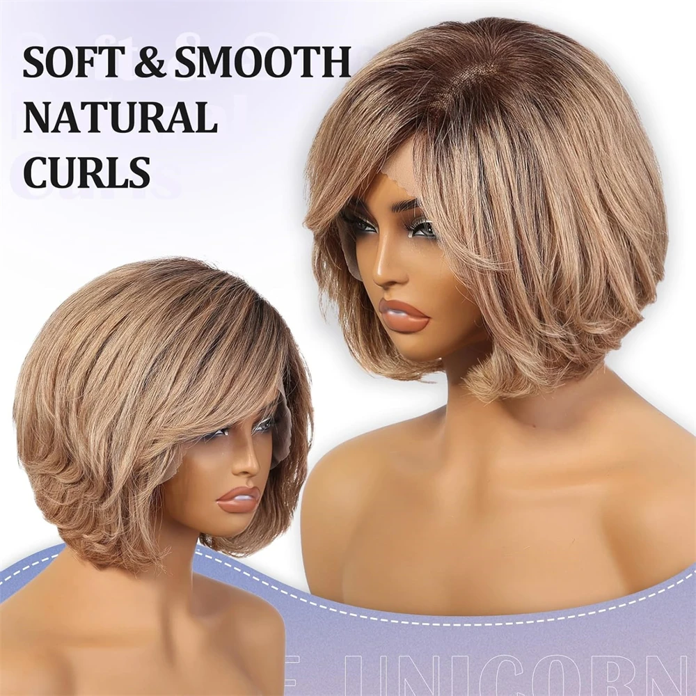 12 In Lace Front Human Hair Wigs for Women Light Brown Short Layered Wavy Bob Wig with Bangs Remy Human Hair Wigs for Daily Use human hair wigs