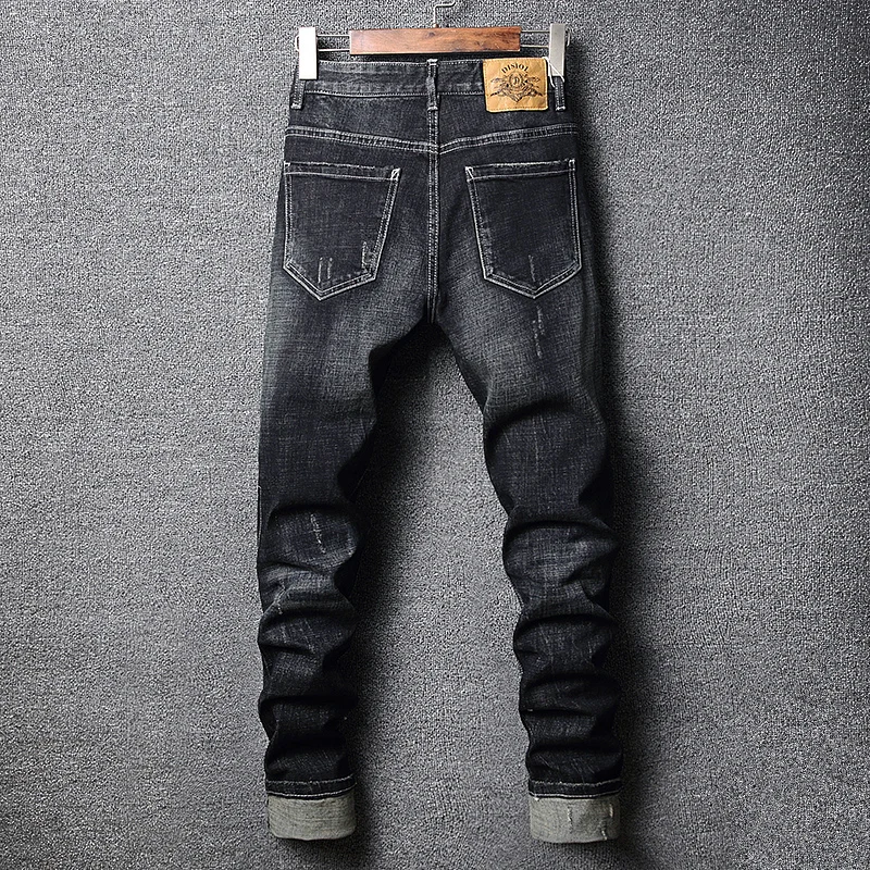 Street Fashion Men Jeans Retro Black Blue Elastic Slim Fit Vintage Ripped Jeans Men Patches Designer Hip Hop Denim Pants Hombre