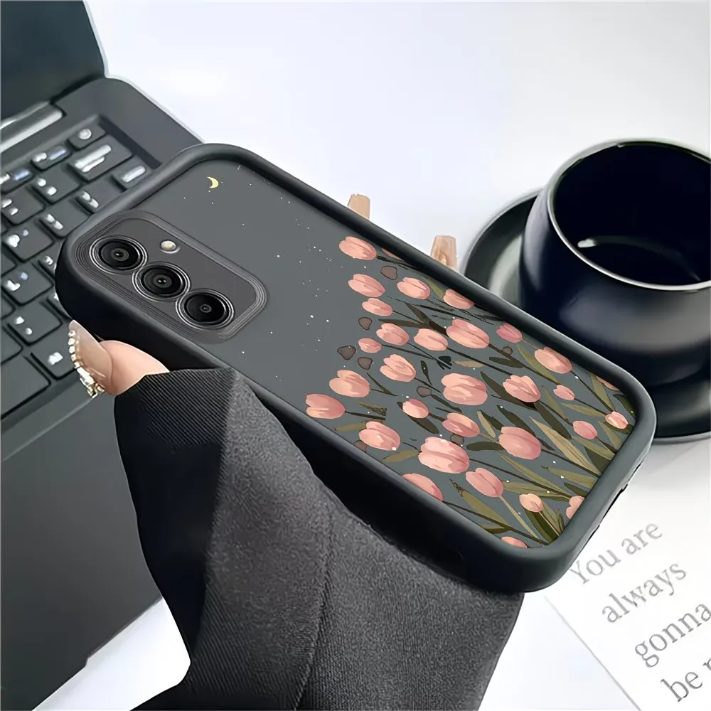 Pink Tulip Print Matte Shockproof Phone Case with Ladder Edge Design