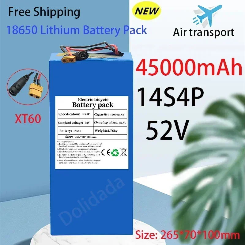 

NEW 52V 14S4P 45000mah 18650 2000W lithium battery for balance car, electric bike, scooter, tricycle (with bms 58.8V charger)