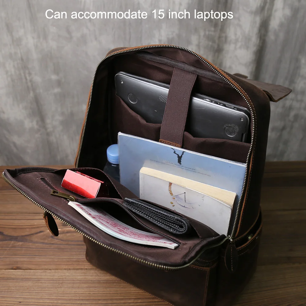 Retro Durable Crazy Horse Leather Backpack Men's Headlayer Leather Large Capacity Zipper Buckle with Outdoor Travel Computer Bag 5