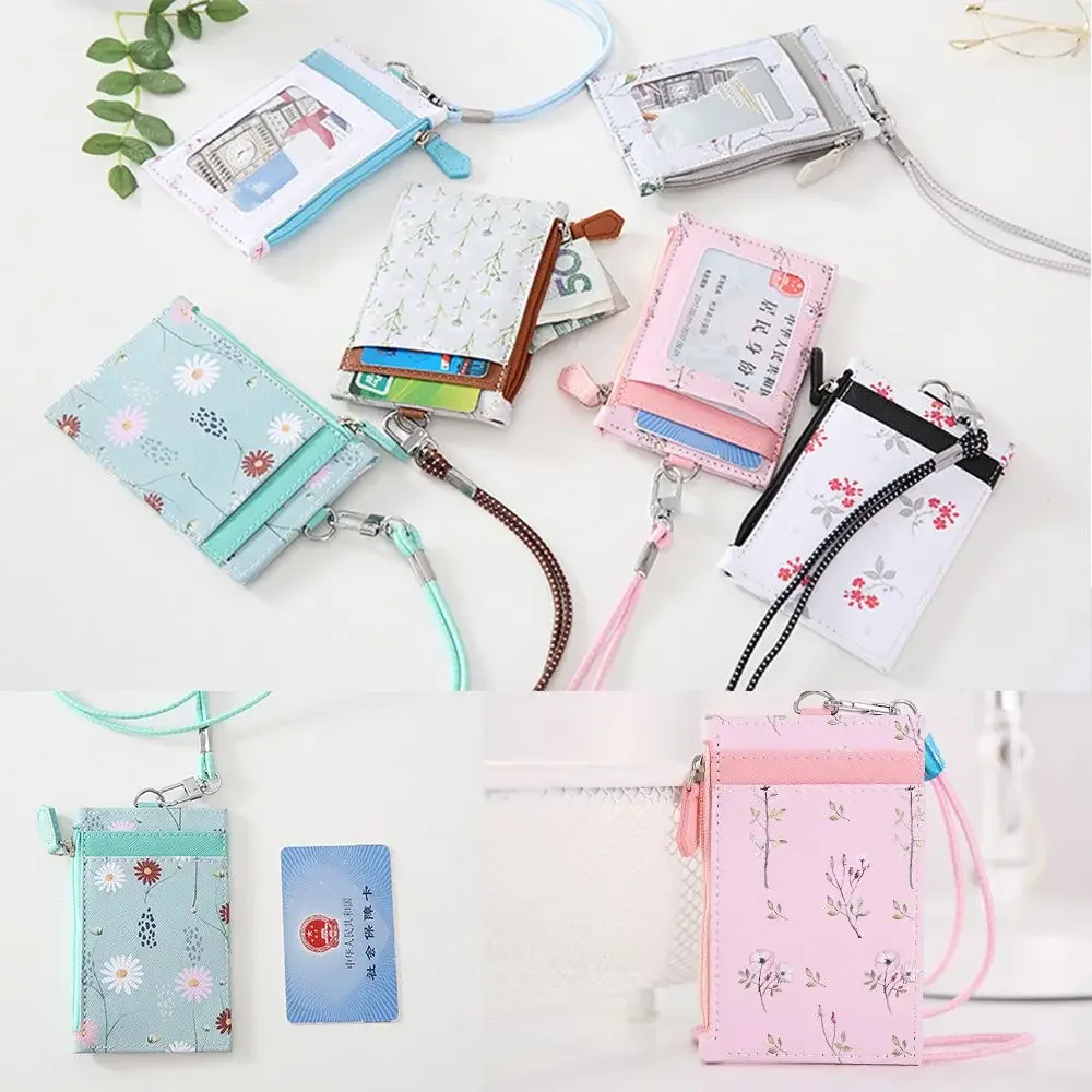 랜야드가 있는 PU 가죽 식사 카드 커버 ID 버스 카드 동전 지갑 지퍼 가방 케이스 홀더 지갑
