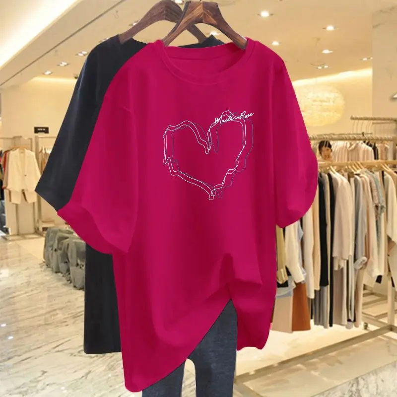 

Women Chic Love Print T-shirt Daily Casual Short Sleeve Simple O-neck Pure Cotton Basics Top Tees Summer Loose Fashion Pullovers