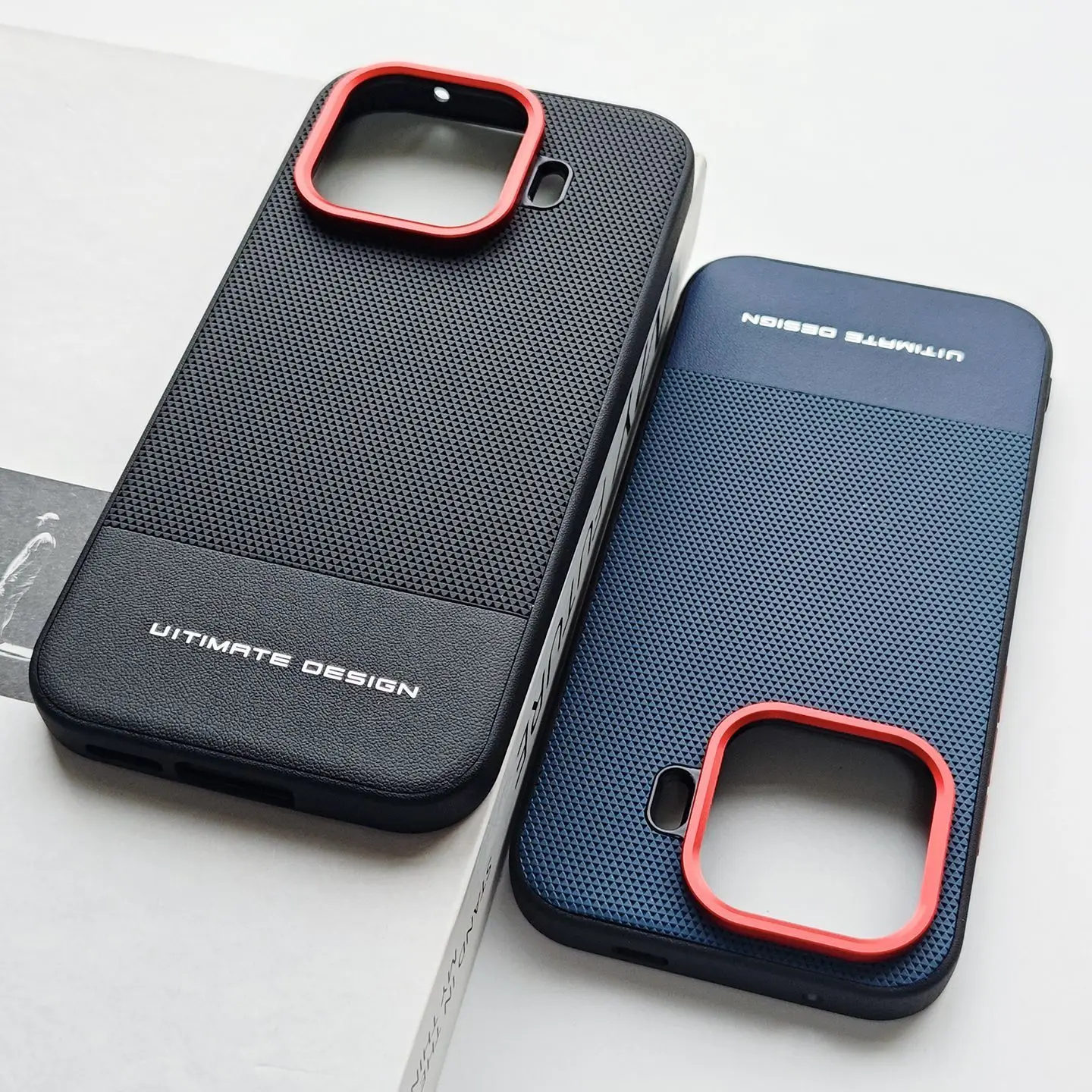 Triangular Textured Leather Case with Red Ring Lens Frame and Shockproof Bumper - Simple Red