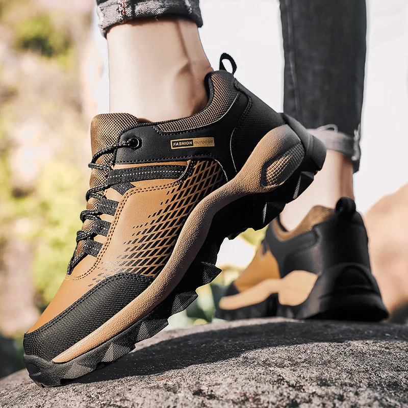 

New Arrival Leather Hiking Shoes Wear-resistant Outdoor Sport Men Shoes Lace-Up Mens Climbing Trekking Hunting Large Sneakers 46