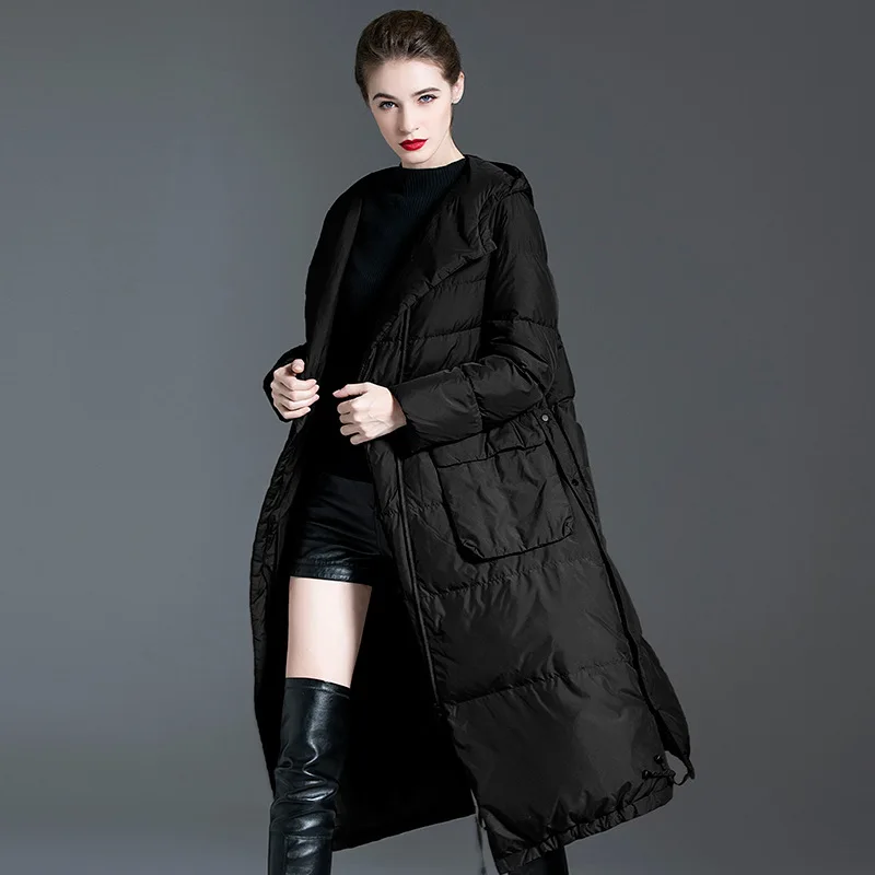 Hooded down jacket for women's 2023 winter wear, new loose fitting medium length long sleeved over knee down jacket