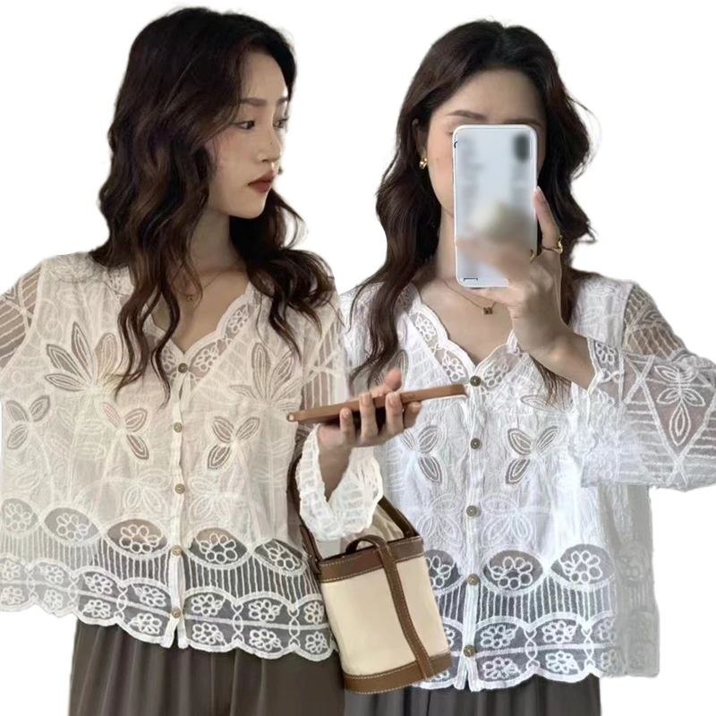 

Women's Hollow Blouse Tops French Sweet Shirt Summer White Button Down Tee Tops
