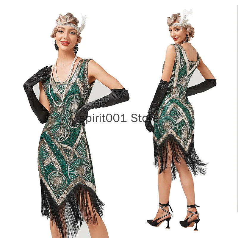 Vestido retrô franja flapper lantejoula, Gatsby Charleston grande