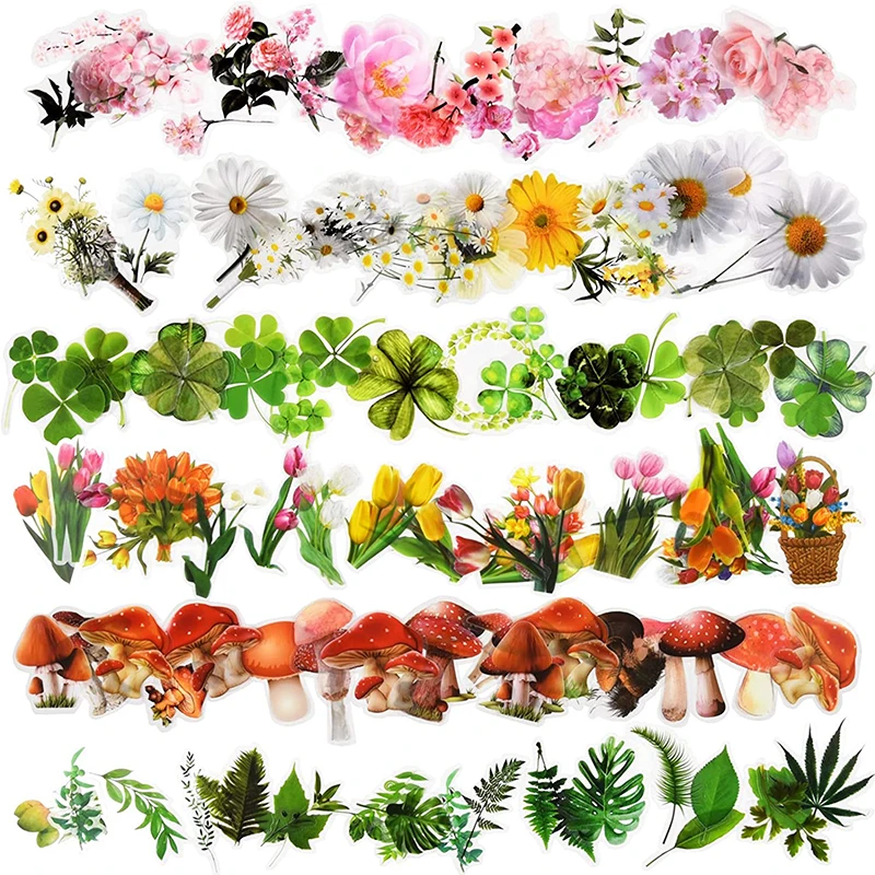 

240Pcs Transparent Flower Waterproof Stickers Pack PET Clear Floral Cherry Blossom Mushroom Daisy Tulips Clover Scrapbook sticke