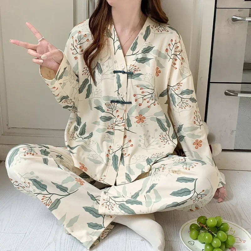 Sleepwear Women Printed Pajama Sets Spring Autumn Long Sleeve Trouser Pajamas Kawaii Clothing Korean Nightwear Homewear Buttons