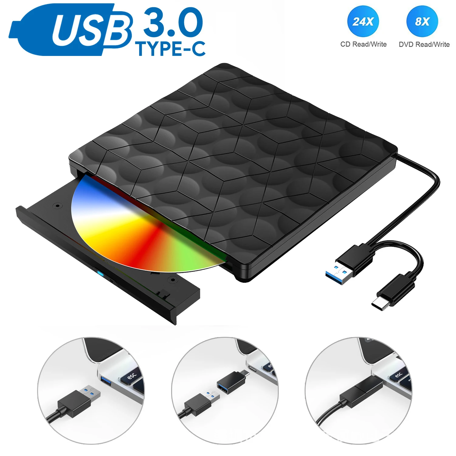 

External DVD Player USB 3.0 Portable CD Drive Slim DVD +/-Rw Rewriter Burner For Laptop Desktop PC Optical Drive Type-C