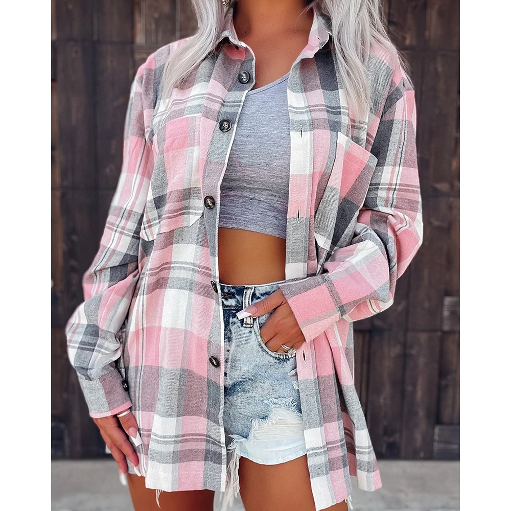 Women Plaid Print Long Sleeve Button Down Shacket Jacket 2023 Femme Casual Turn-down Collar Coat Streetwear Lady Outfits traf