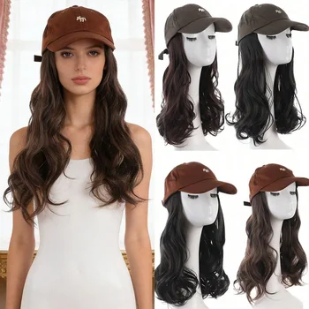 Synthetic Wavy Hat Wig Hair Extensions Hairpiece Brown Baseball Cap with Long Wavy Hair Adjustable Hat Wig for Women Daily Wear 1