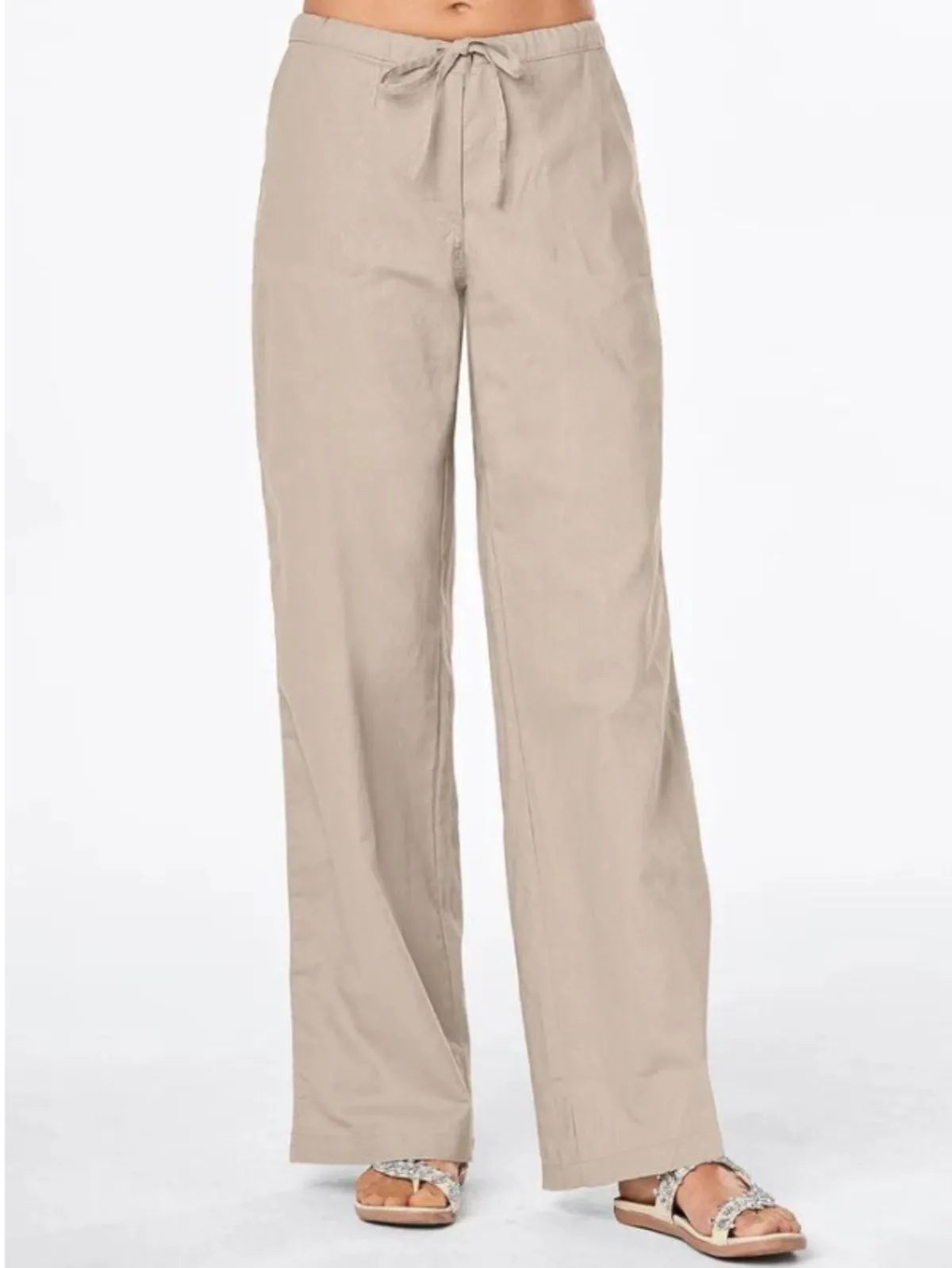 Damen High-Waist Weite Hose aus Baumwoll-Leinen-Mischgewebe, Lässige Relaxed-Fit Hose mit Elastischem Bund und Kordelzug – Detail 6
