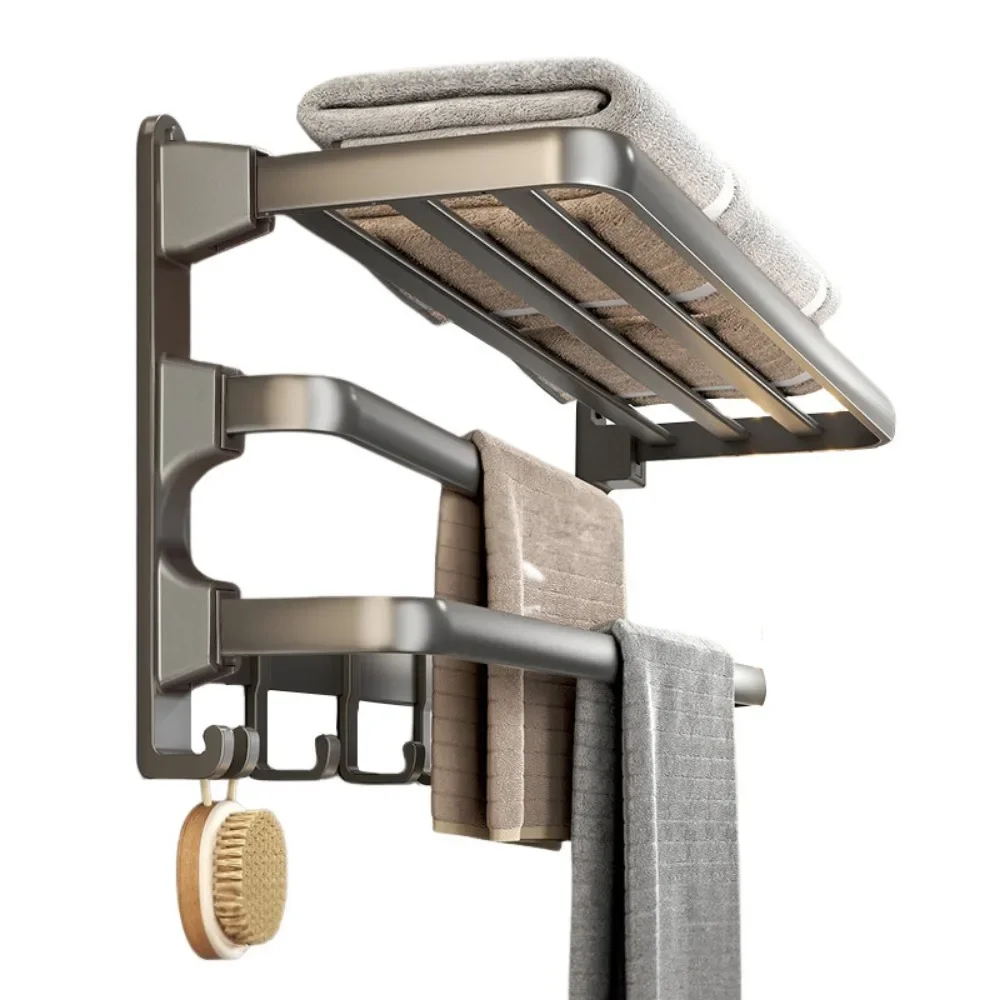 Triple Folding Space Aluminum Gunmetal Gray Bathroom Accessories Towel Rack Toilet Wall Mounted Shelves Bathroom Hardware Sets
