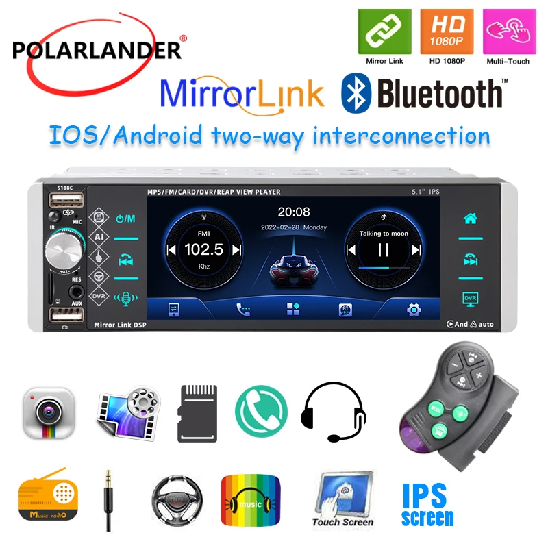 

Touch Screen Built-In Carplay AI Voice Stereo 3-USB Car Radio Multimedia 1Din 5.1'' BT Android Auto Wince Receiver FM MP5 Player