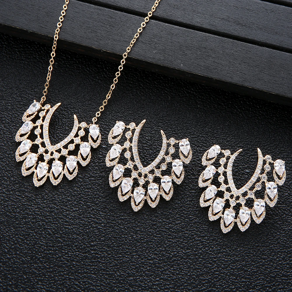 

Famous Luxury 2pcs Waterdrop Jewelry Sets For Women Wedding Party Cubic Zircon High End Craft Dubai Bridal Jewelry Set D1617