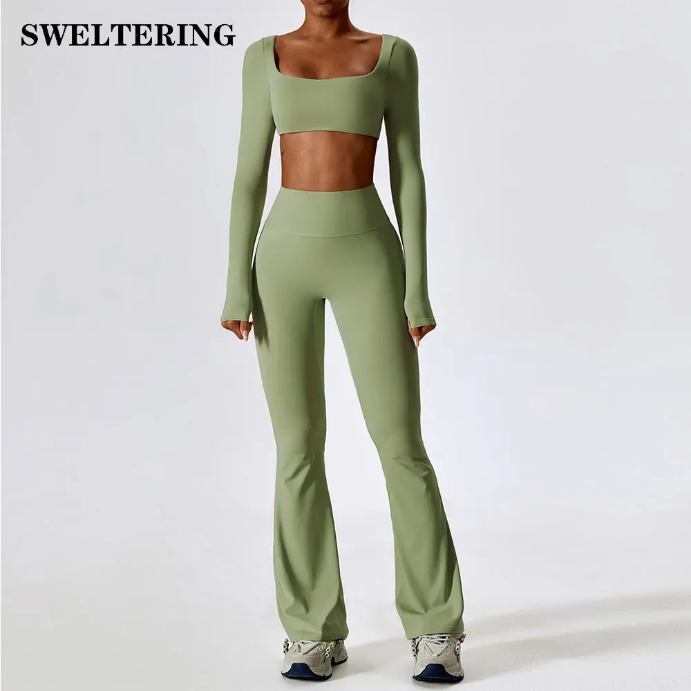 2 pièces femmes survêtement Yoga ensemble vêtements d'entraînement vêtements de sport Fitness à manches longues haut court taille haute Leggings costumes de sport 1